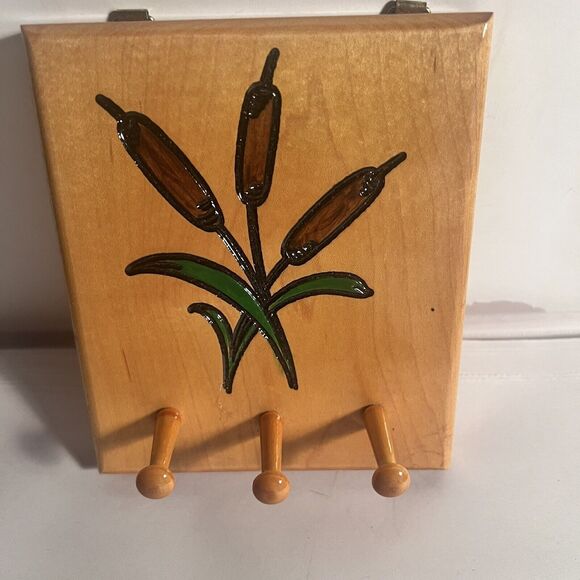Wood Key Holder Cattails Entryway Wooden Pegs - Picture 1 of 10
